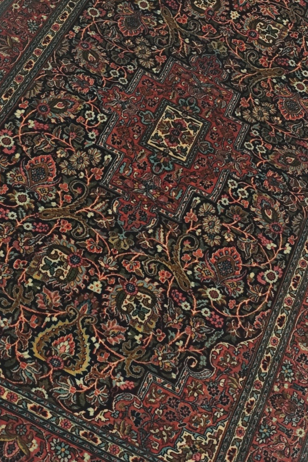 Dark Brown and Brick Red Stepped Medallion, Hand-Knotted Silk Rug
