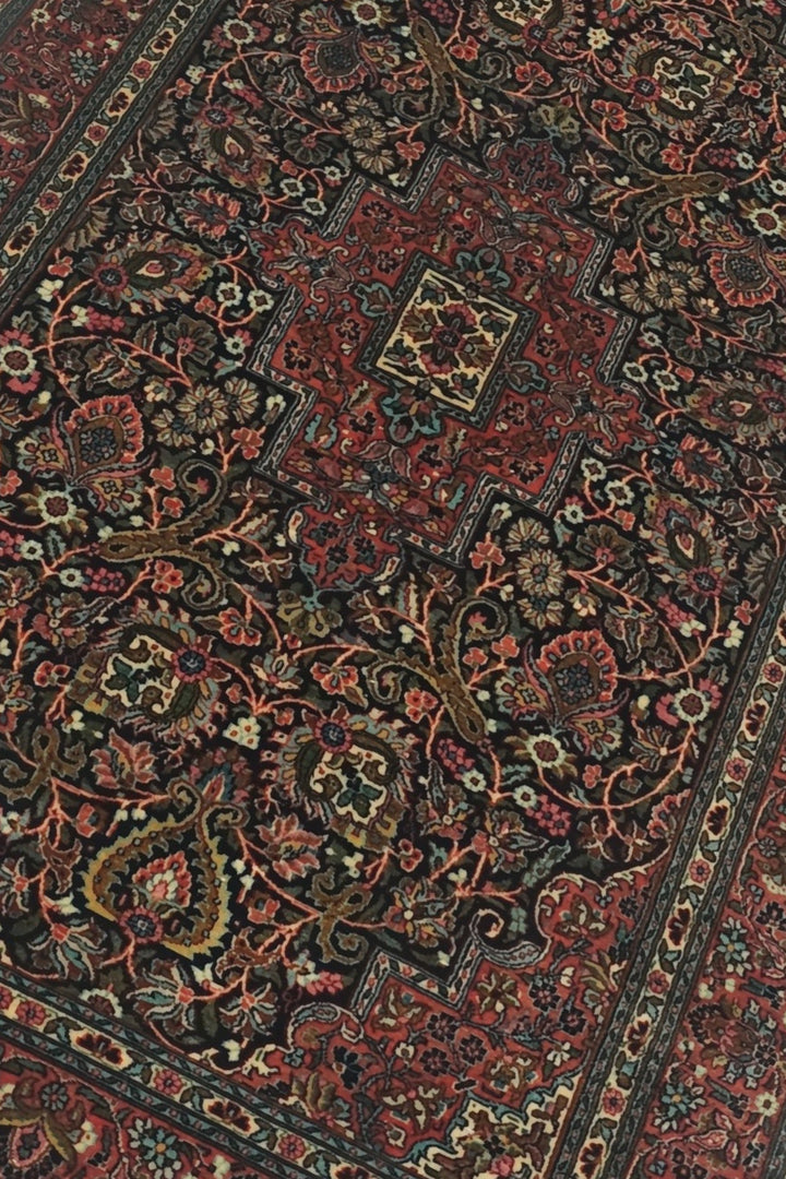 Dark Brown and Brick Red Stepped Medallion, Hand-Knotted Silk Rug