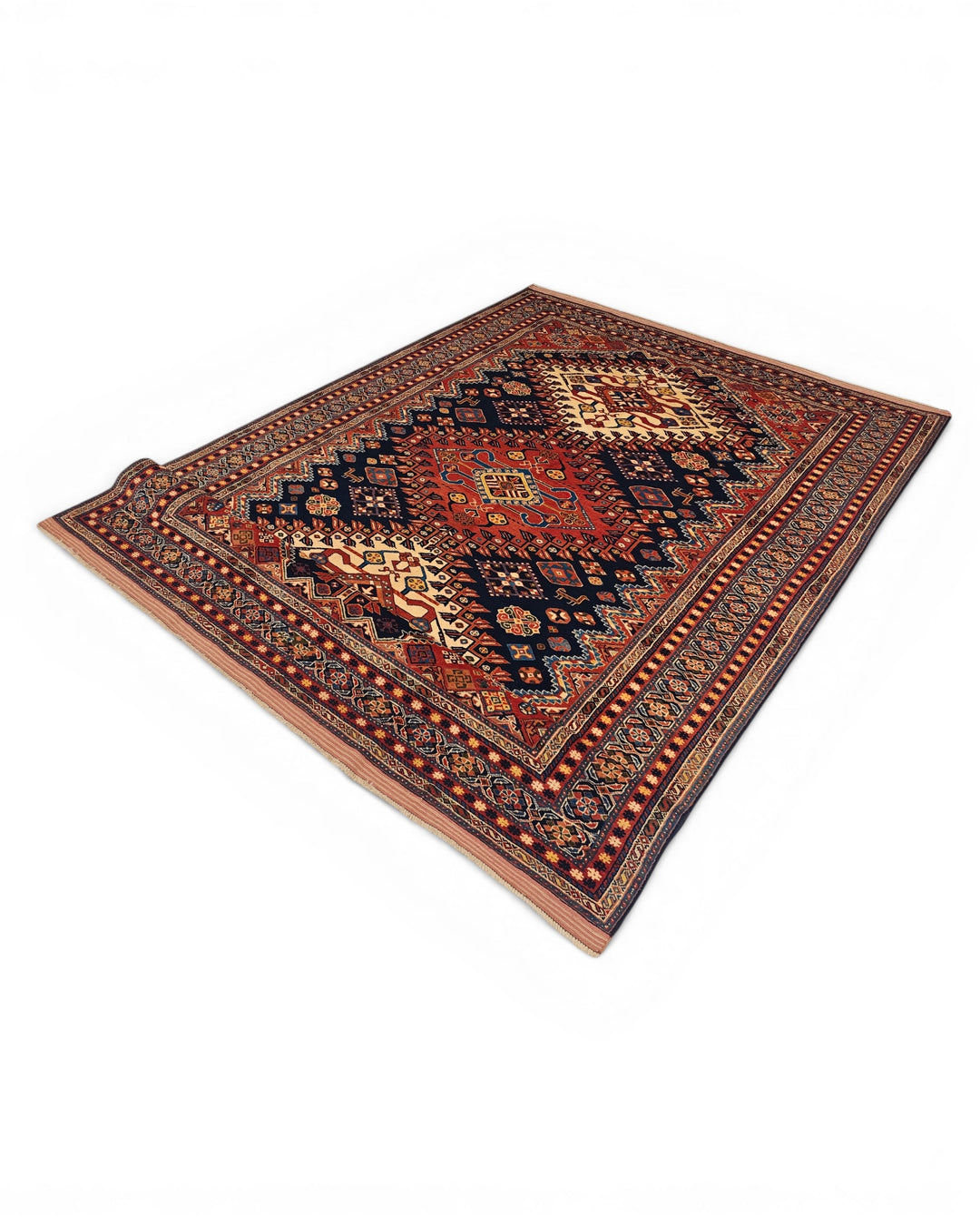 Navy &amp; Red Yalameh Tribal Rug, Hand-Knotted Afghani Sherwan
