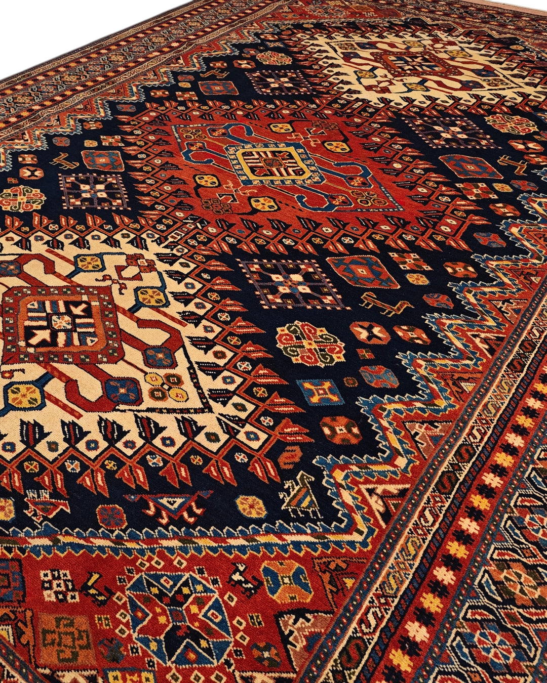 Navy &amp; Red Yalameh Tribal Rug, Hand-Knotted Afghani Sherwan