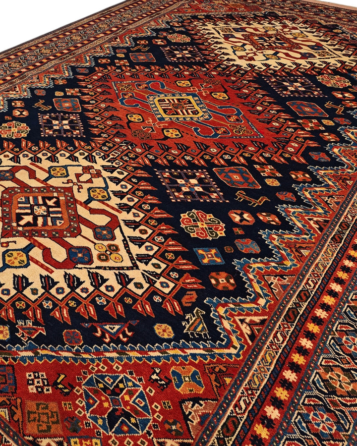 Navy &amp; Red Yalameh Tribal Rug, Hand-Knotted Afghani Sherwan