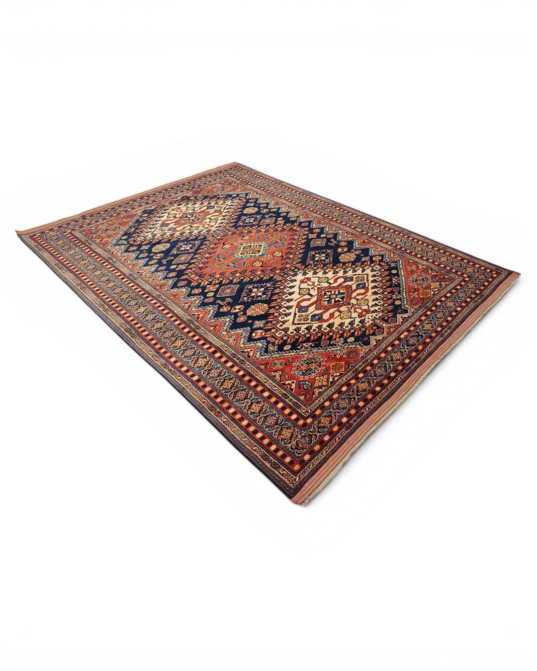 Navy &amp; Red Yalameh Tribal Rug, Hand-Knotted Afghani Sherwan