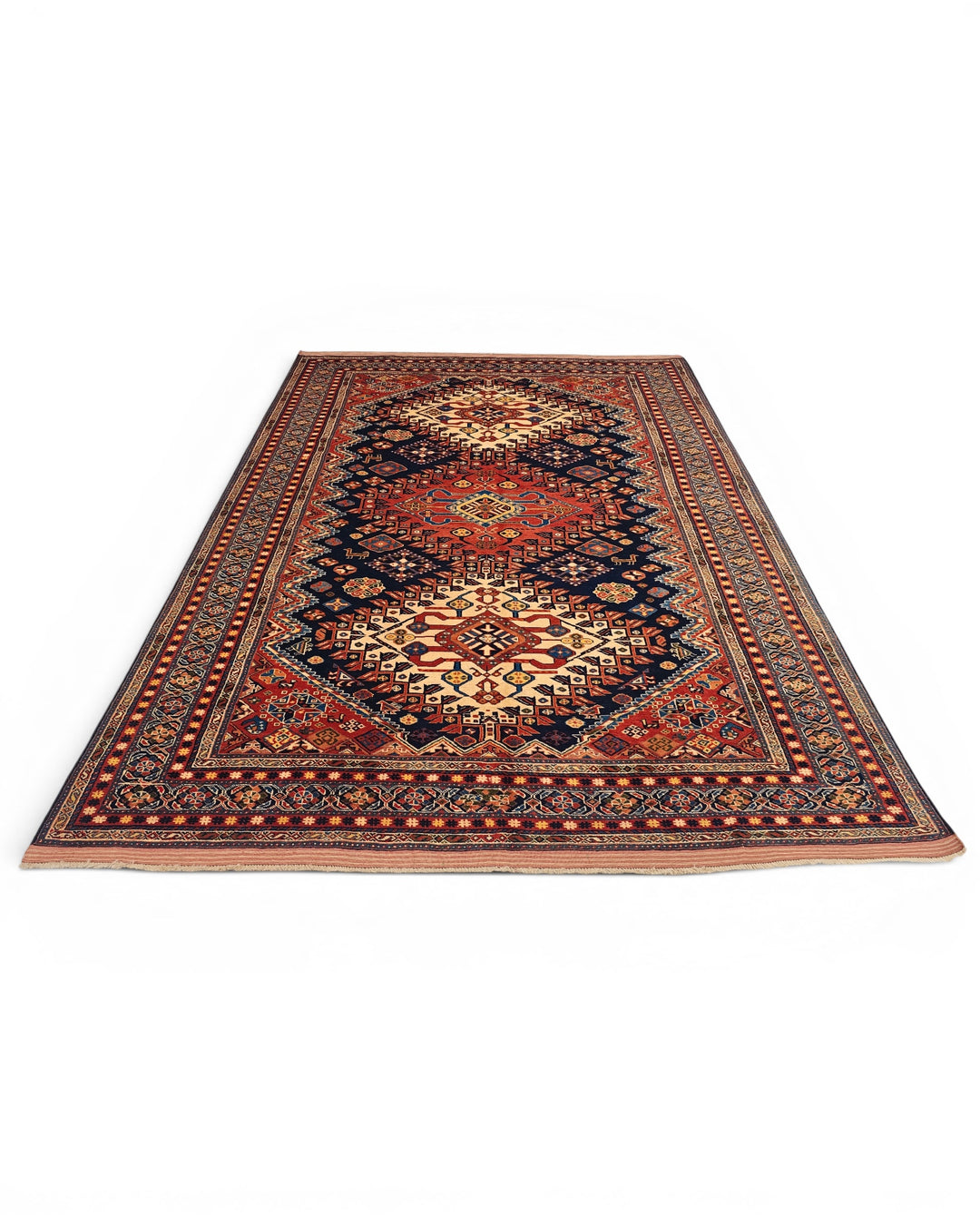 Navy &amp; Red Yalameh Tribal Rug, Hand-Knotted Afghani Sherwan