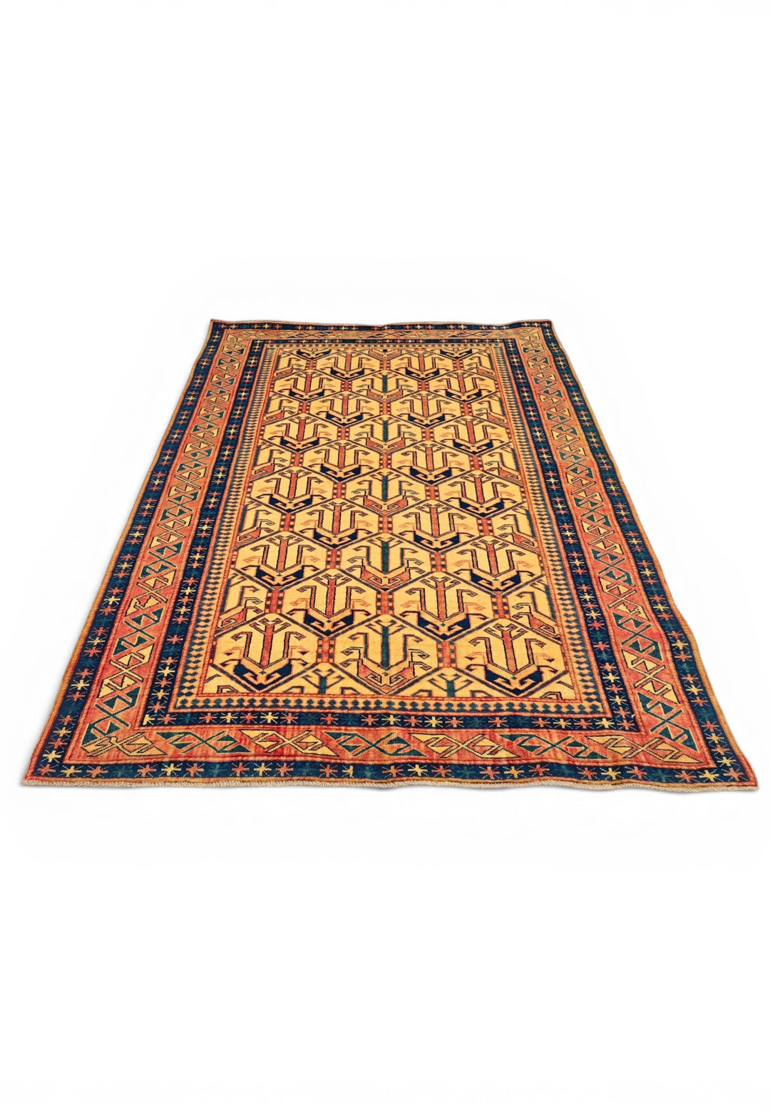 Gold &amp; Navy Caucasian Rug, Hand-Knotted Afghani Sherwan