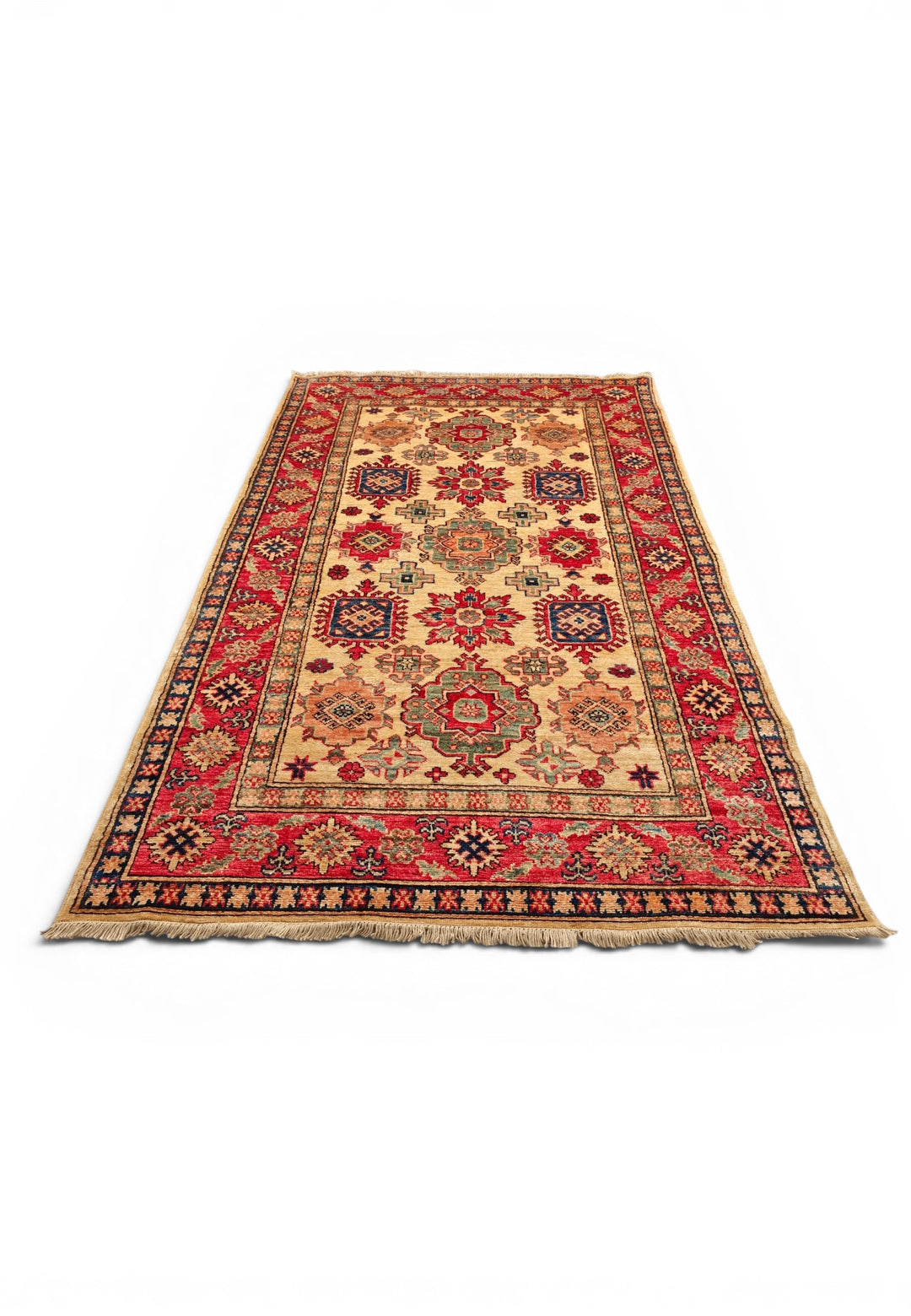 Gold &amp; Red Sunburst Medallion Rug, Hand-Knotted Afghani Sherwan