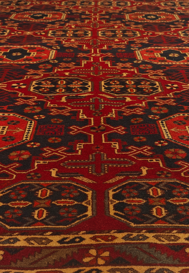 Red Turkmen Gül Rug, Hand-Knotted Afghani Sherwan