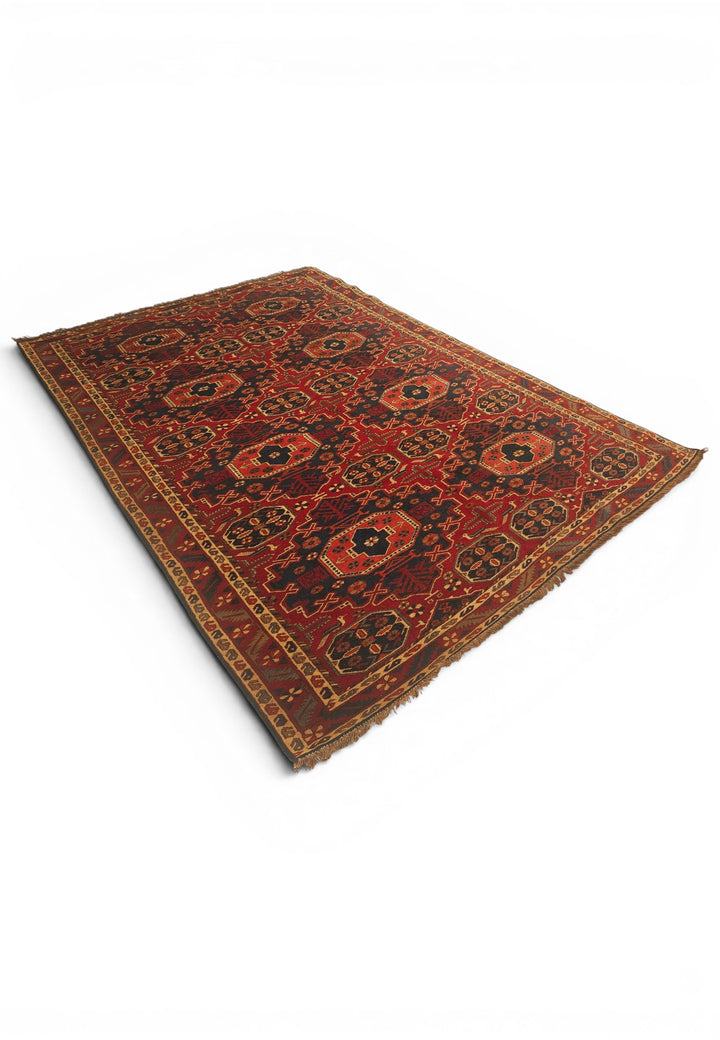 Red Turkmen Gül Rug, Hand-Knotted Afghani Sherwan