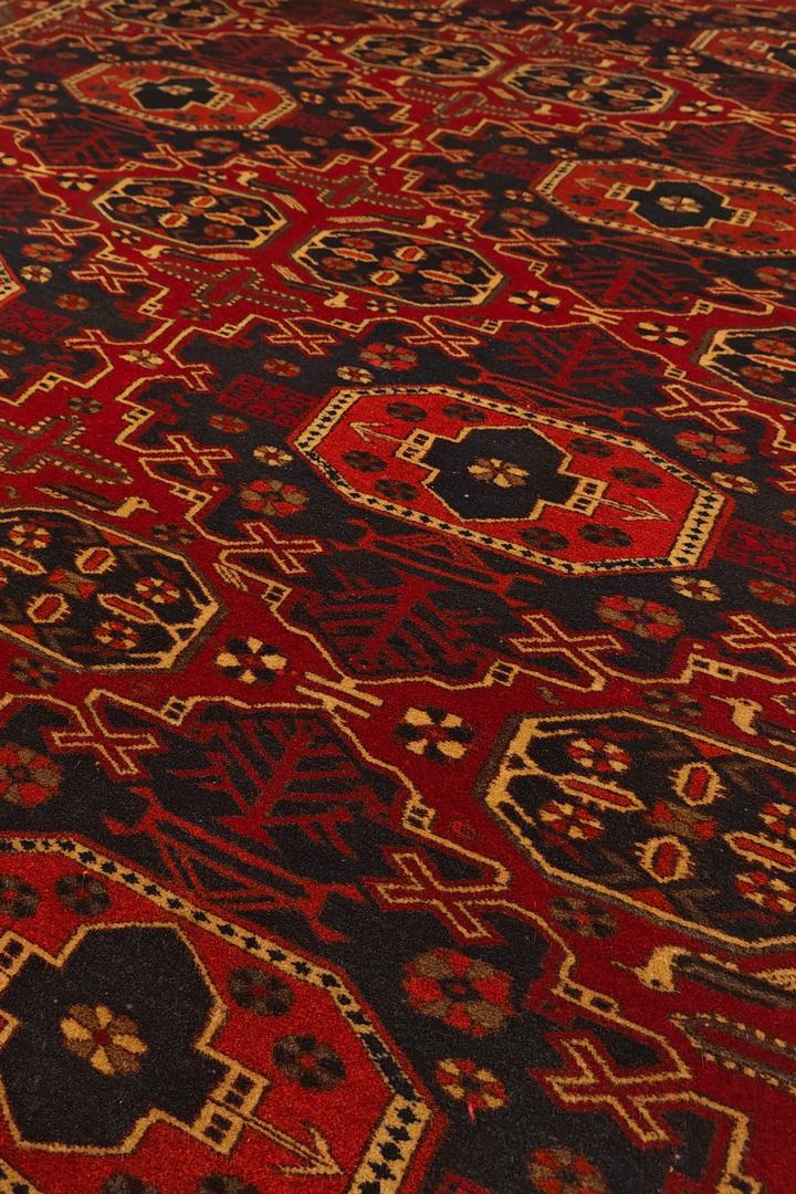 Red Turkmen Gül Rug, Hand-Knotted Afghani Sherwan
