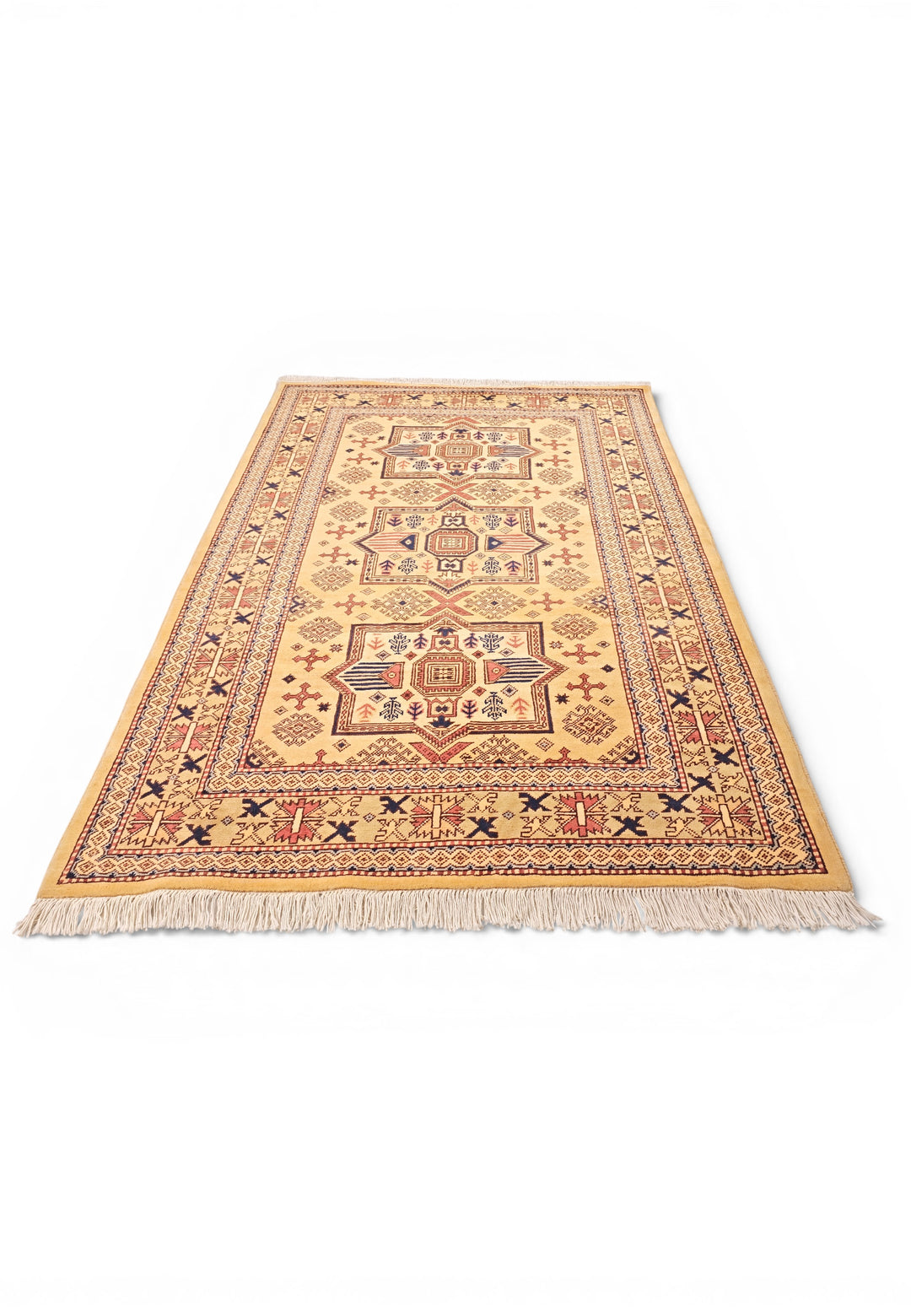 Gold Tribal Star Kazak Rug, Hand-Knotted Afghan Wool