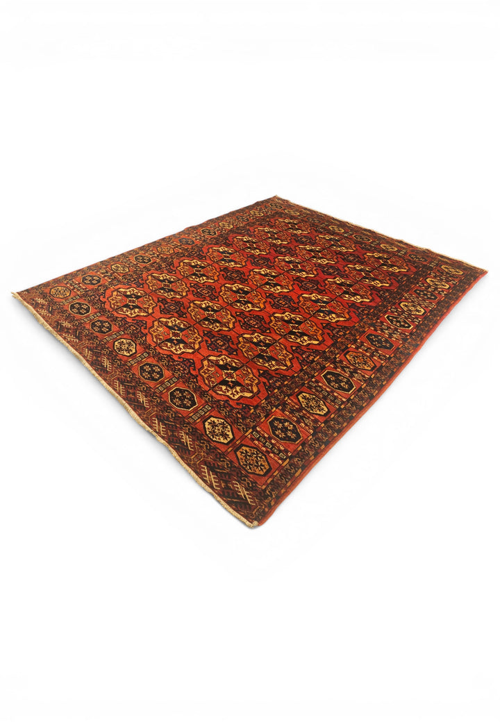 Burnt Orange Bokhara Gül Rug, Hand-Knotted Afghani Sherwan