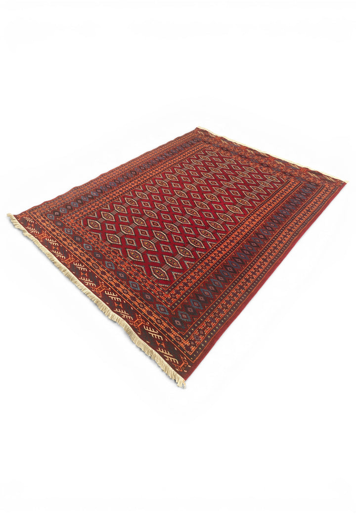Deep Red Turkmen Lattice Rug, Hand-Knotted Afghani Sherwan