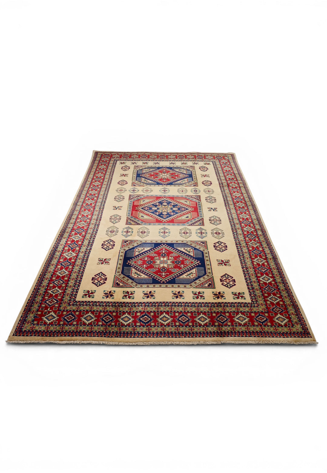 Ivory &amp; Red Kazak Medallion Rug, Hand-Knotted Afghani Sherwan
