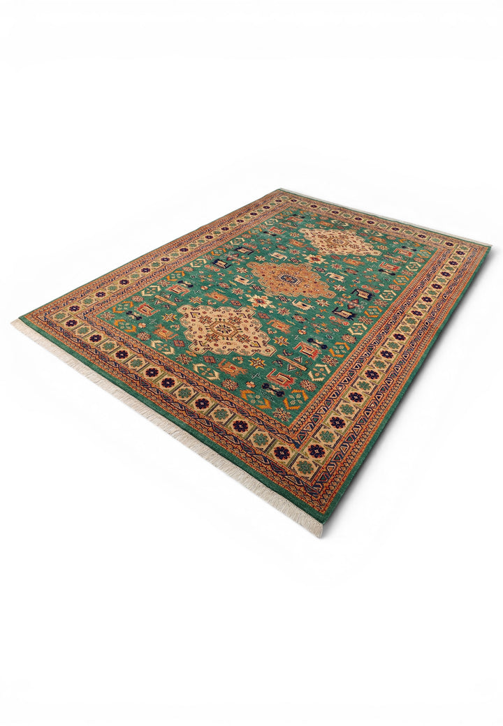 Green Tribal Medallion Rug, Hand-Knotted Afghani Sherwan