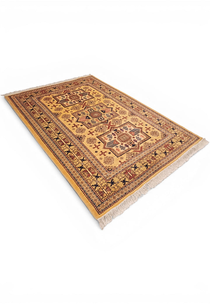 Gold Tribal Star Kazak Rug, Hand-Knotted Afghan Wool