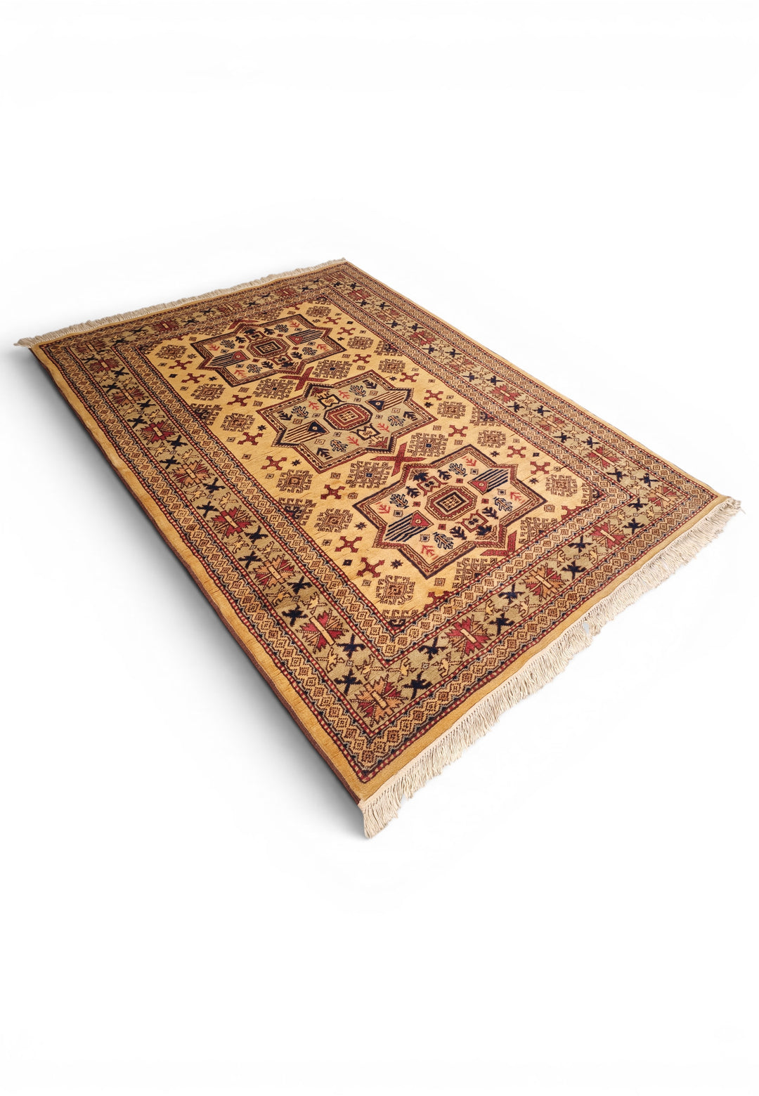Gold Caucasian Star Kazak Rug, Hand-Knotted Afghan Wool