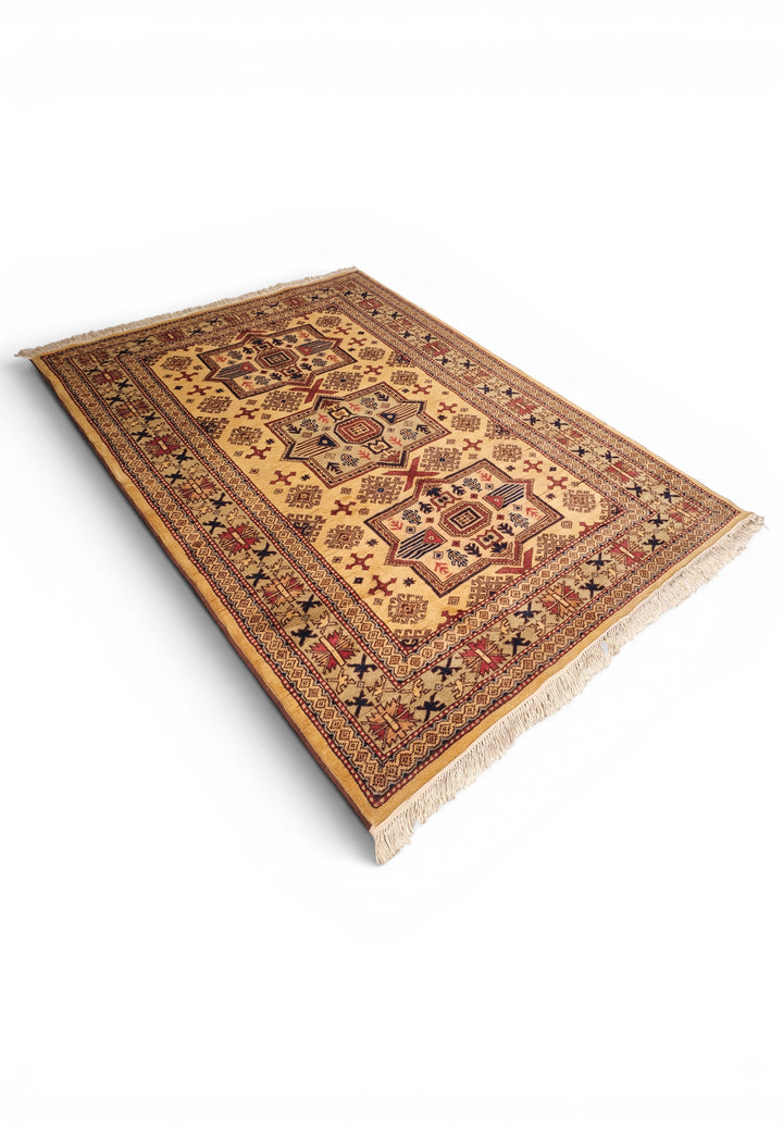 Gold Caucasian Star Kazak Rug, Hand-Knotted Afghan Wool