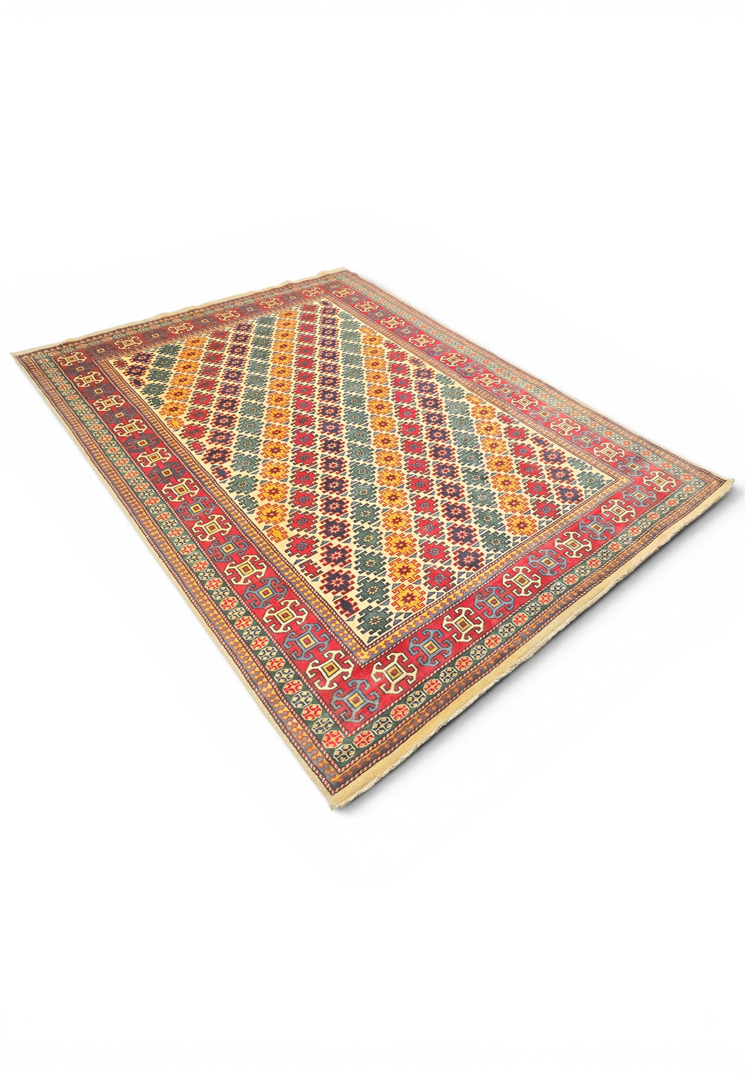 Multicolour Diamond Lattice Rug, Hand-Knotted Afghani Sherwan