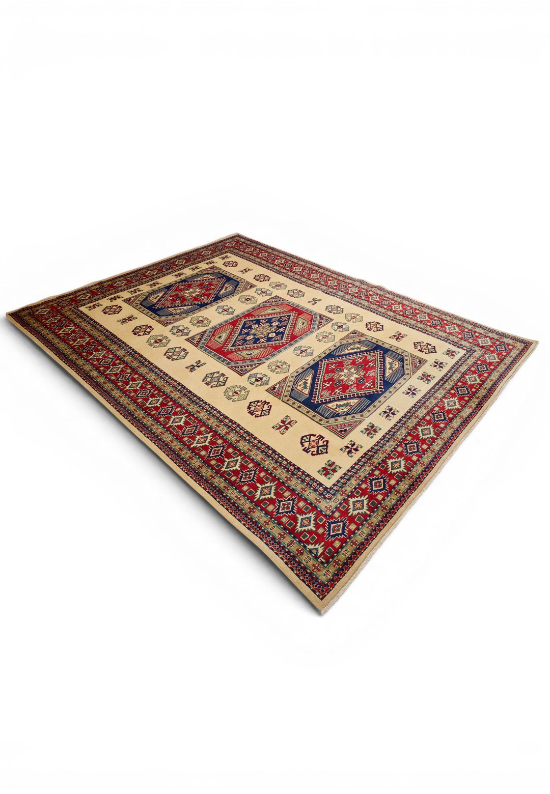 Ivory &amp; Red Kazak Medallion Rug, Hand-Knotted Afghani Sherwan