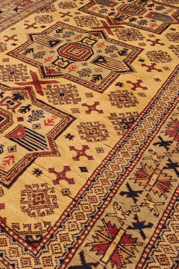 Gold Caucasian Star Kazak Rug, Hand-Knotted Afghan Wool
