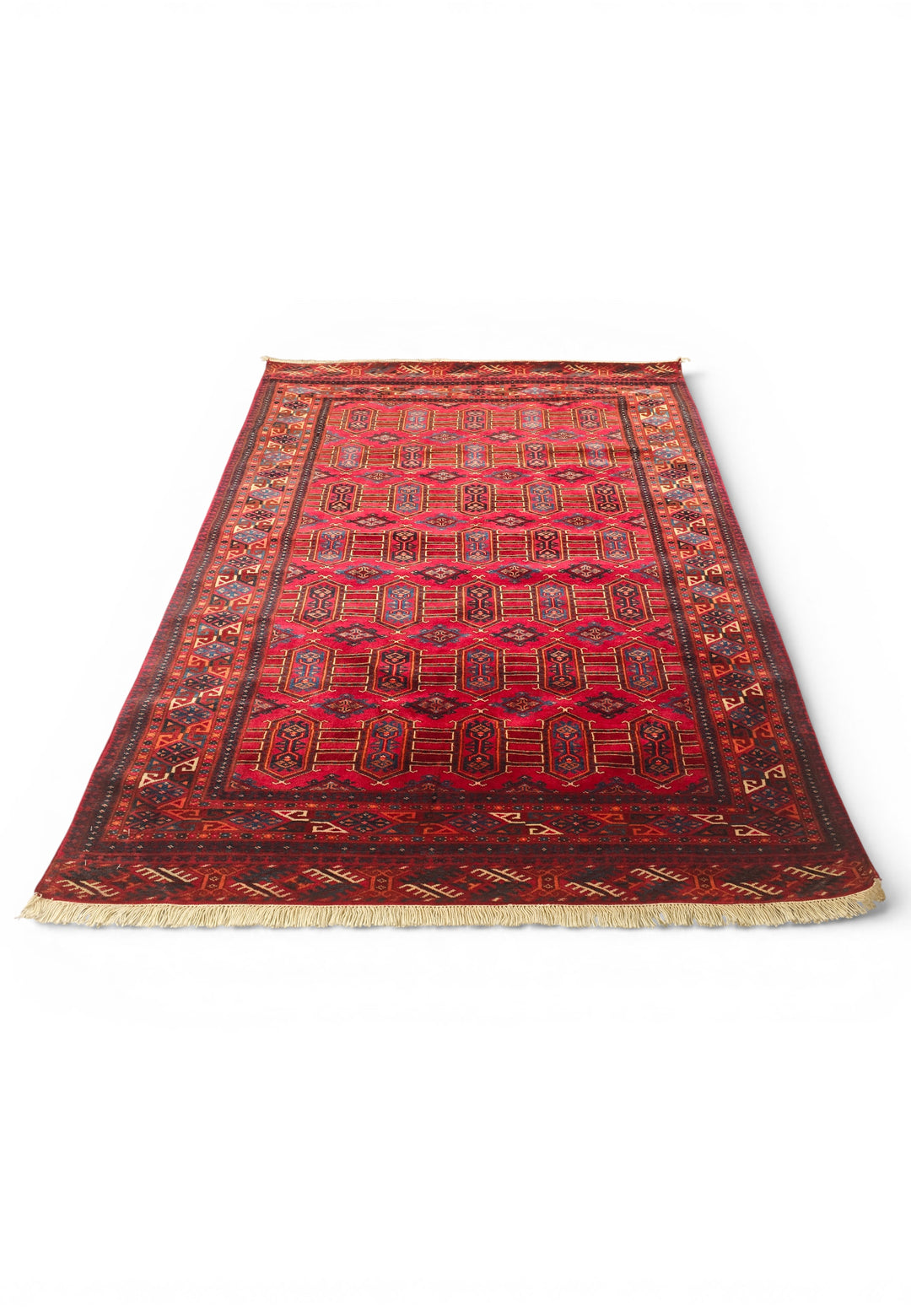 Deep Red Turkmen Panel Rug, Hand-Knotted Afghani Sherwan