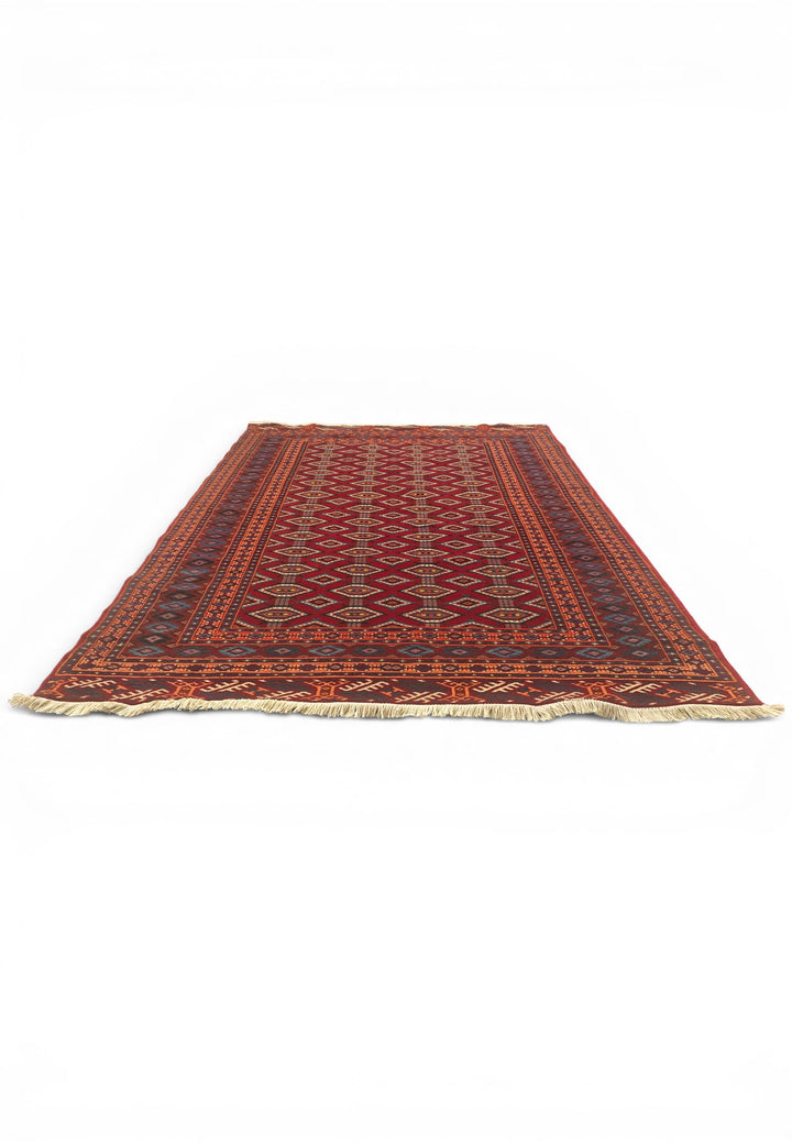 Deep Red Turkmen Lattice Rug, Hand-Knotted Afghani Sherwan