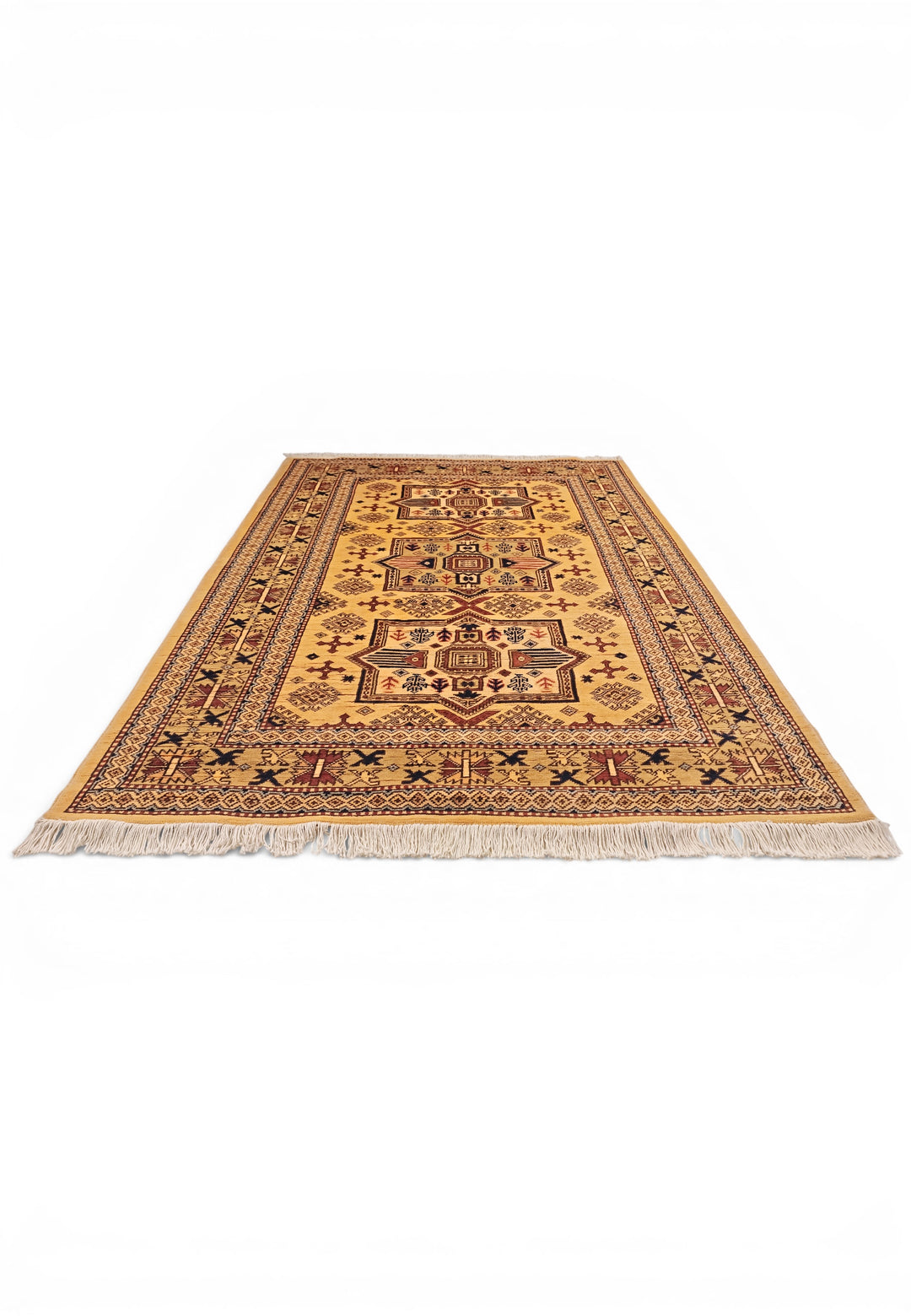 Gold Tribal Star Kazak Rug, Hand-Knotted Afghan Wool