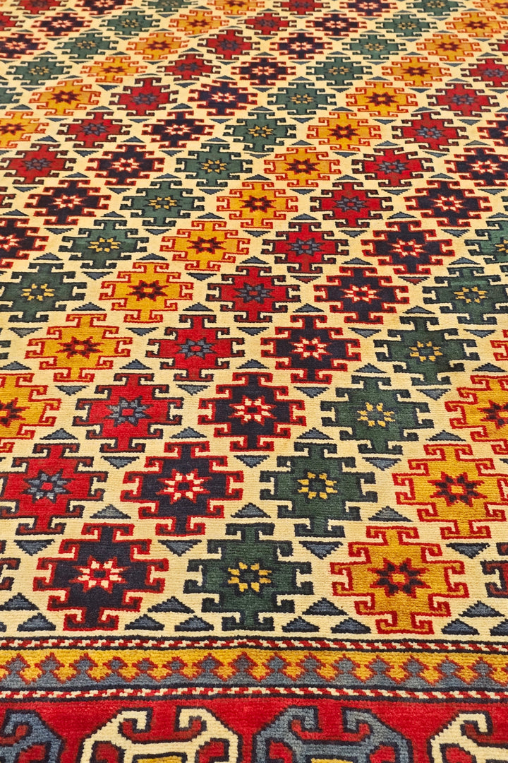 Multicolour Diamond Lattice Rug, Hand-Knotted Afghani Sherwan