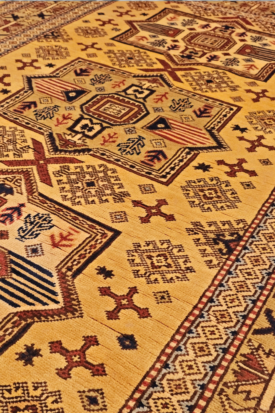 Gold Tribal Star Kazak Rug, Hand-Knotted Afghan Wool