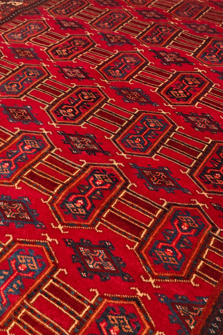 Deep Red Turkmen Panel Rug, Hand-Knotted Afghani Sherwan