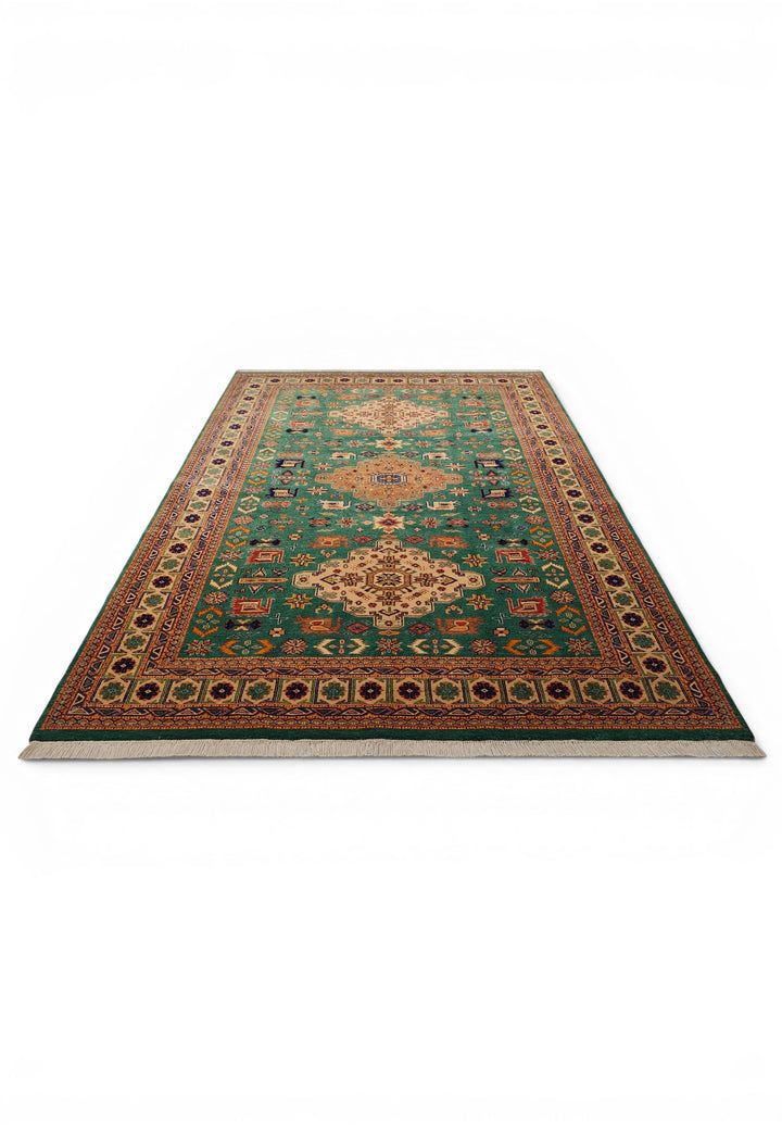 Green Tribal Medallion Rug, Hand-Knotted Afghani Sherwan