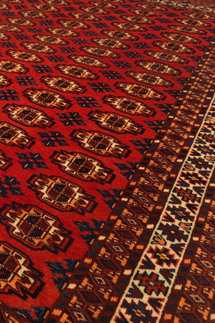Red Bokhara Gül Rug, Hand-Knotted Afghani Sherwan