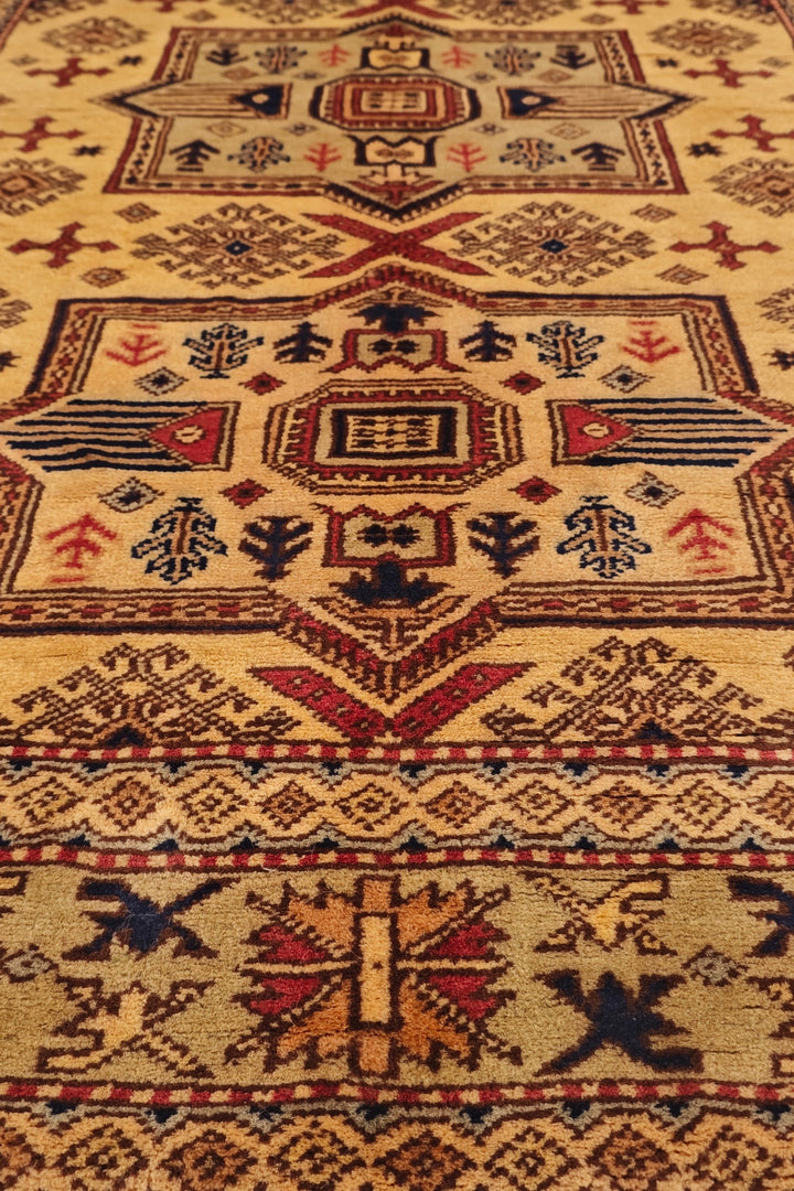 Gold Caucasian Star Kazak Rug, Hand-Knotted Afghan Wool