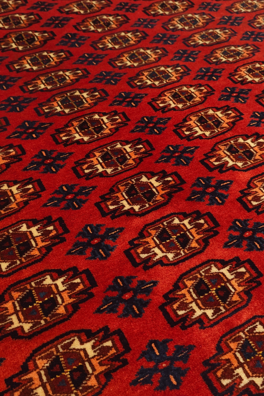 Red Bokhara Gül Rug, Hand-Knotted Afghani Sherwan