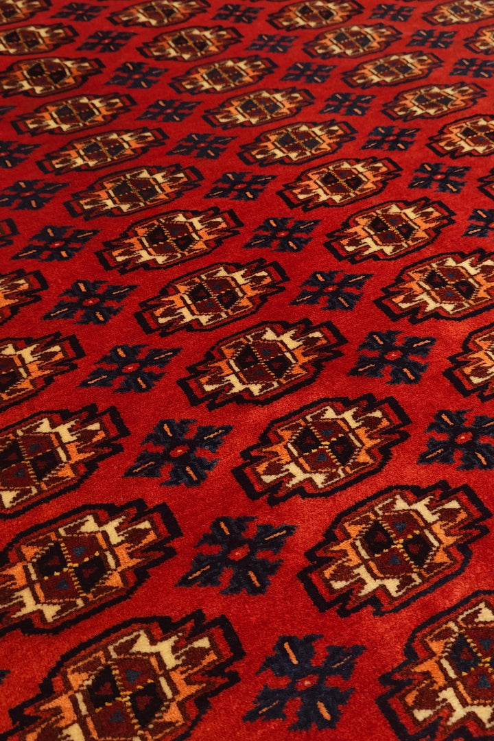 Red Bokhara Gül Rug, Hand-Knotted Afghani Sherwan