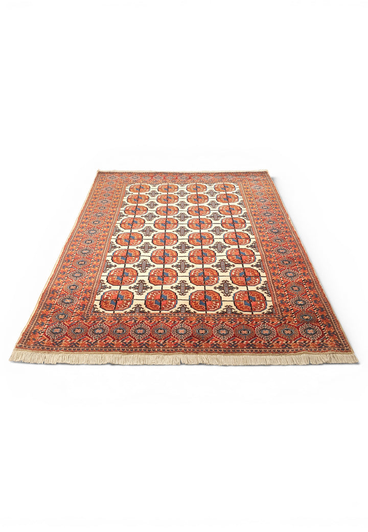Gold &amp; Red Bokhara Gül Rug, Hand-Knotted Afghani Sherwan