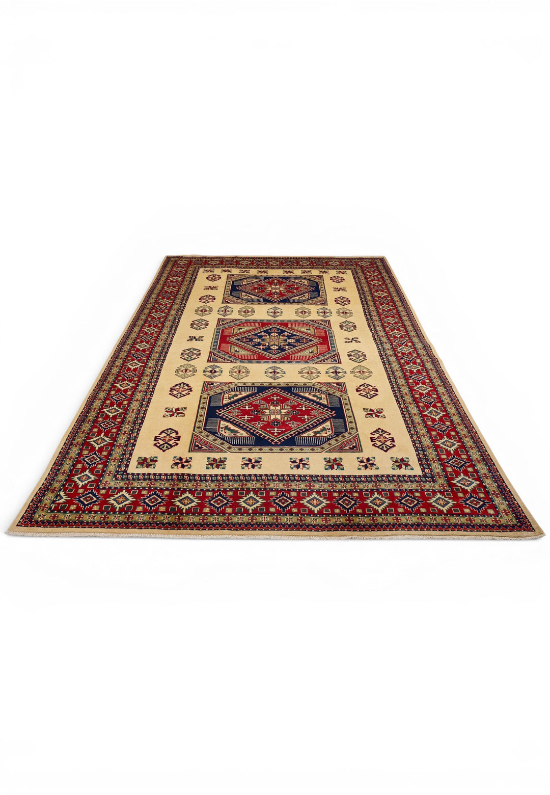 Ivory &amp; Red Kazak Medallion Rug, Hand-Knotted Afghani Sherwan