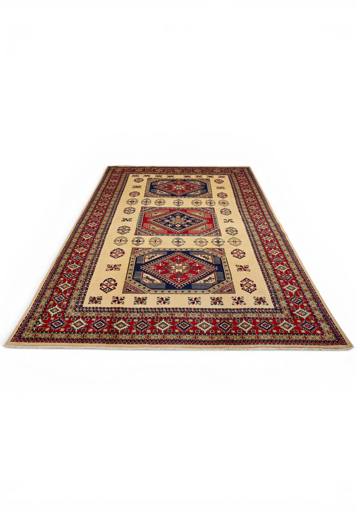 Ivory &amp; Red Kazak Medallion Rug, Hand-Knotted Afghani Sherwan