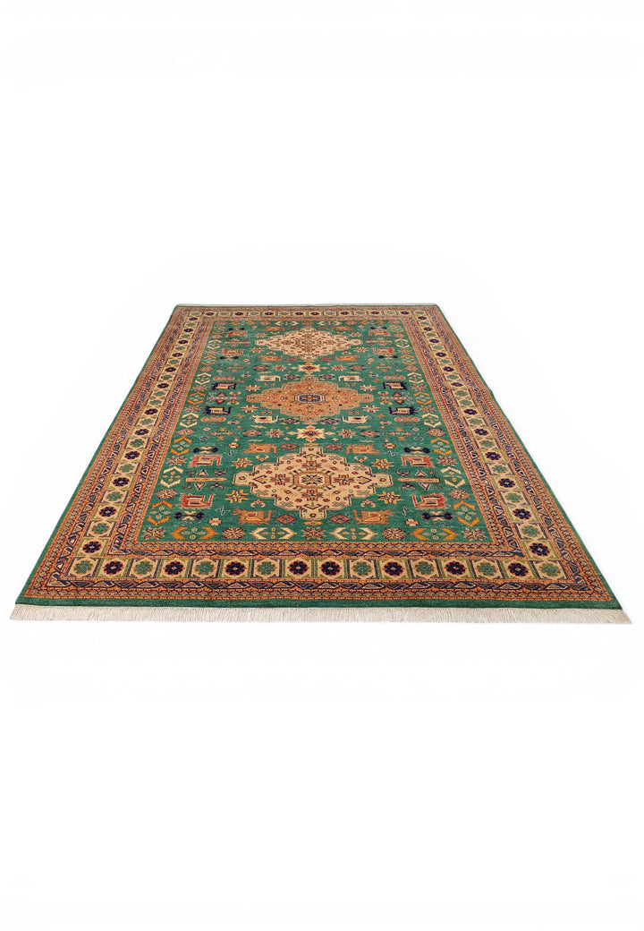 Green Tribal Medallion Rug, Hand-Knotted Afghani Sherwan