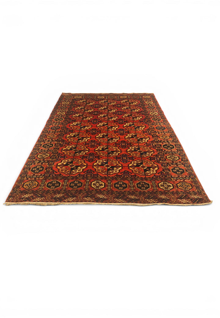 Burnt Orange Bokhara Gül Rug, Hand-Knotted Afghani Sherwan