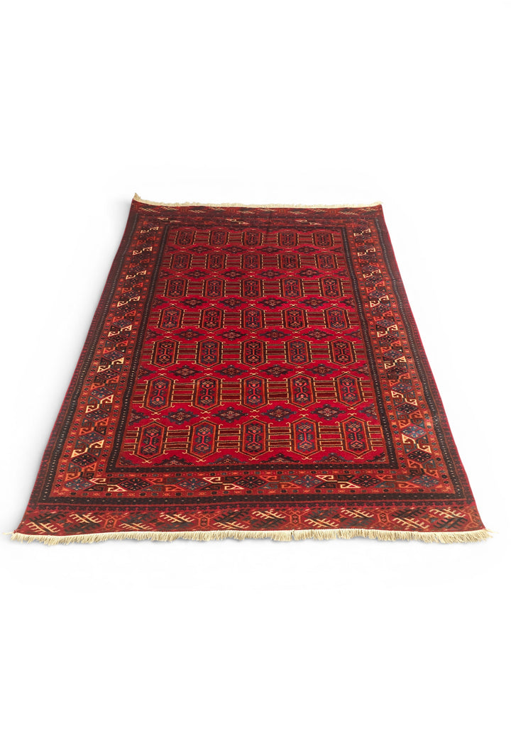Deep Red Turkmen Panel Rug, Hand-Knotted Afghani Sherwan