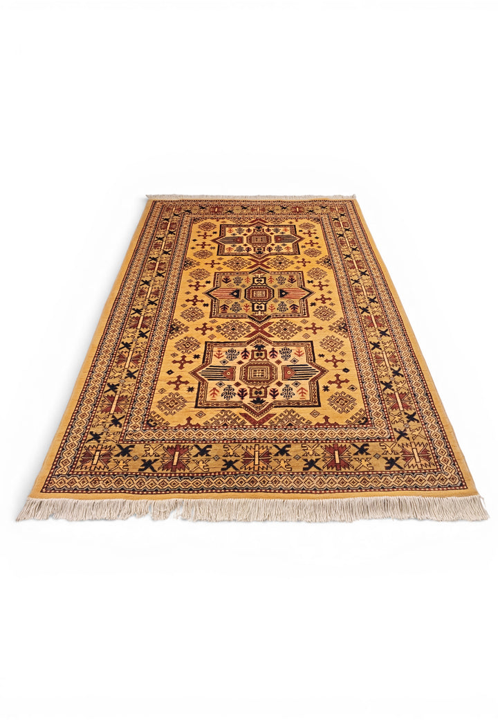 Gold Tribal Star Kazak Rug, Hand-Knotted Afghan Wool
