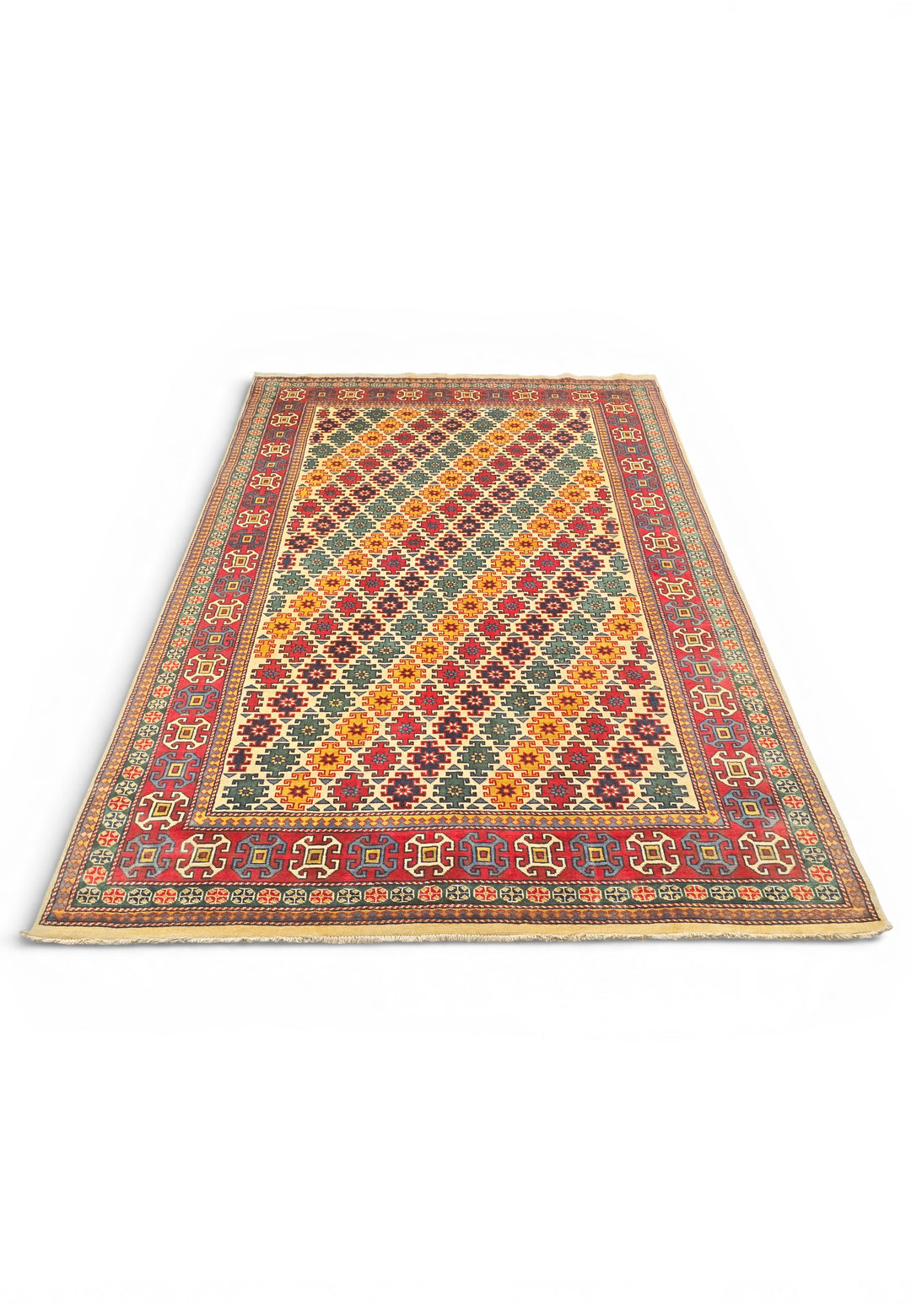 Multicolour Diamond Lattice Rug, Hand-Knotted Afghani Sherwan