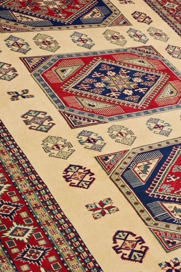 Ivory &amp; Red Kazak Medallion Rug, Hand-Knotted Afghani Sherwan