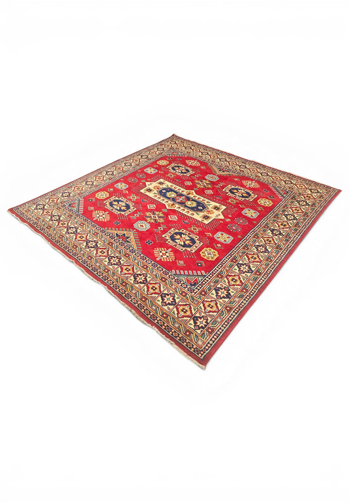 Red &amp; Ivory Kazak Medallion Rug, Hand-Knotted Afghani Sherwan