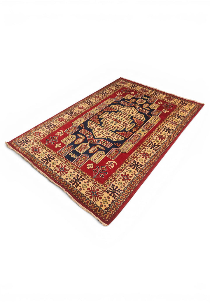 Red &amp; Navy Kazak Medallion Rug, Hand-Knotted Afghani Sherwan