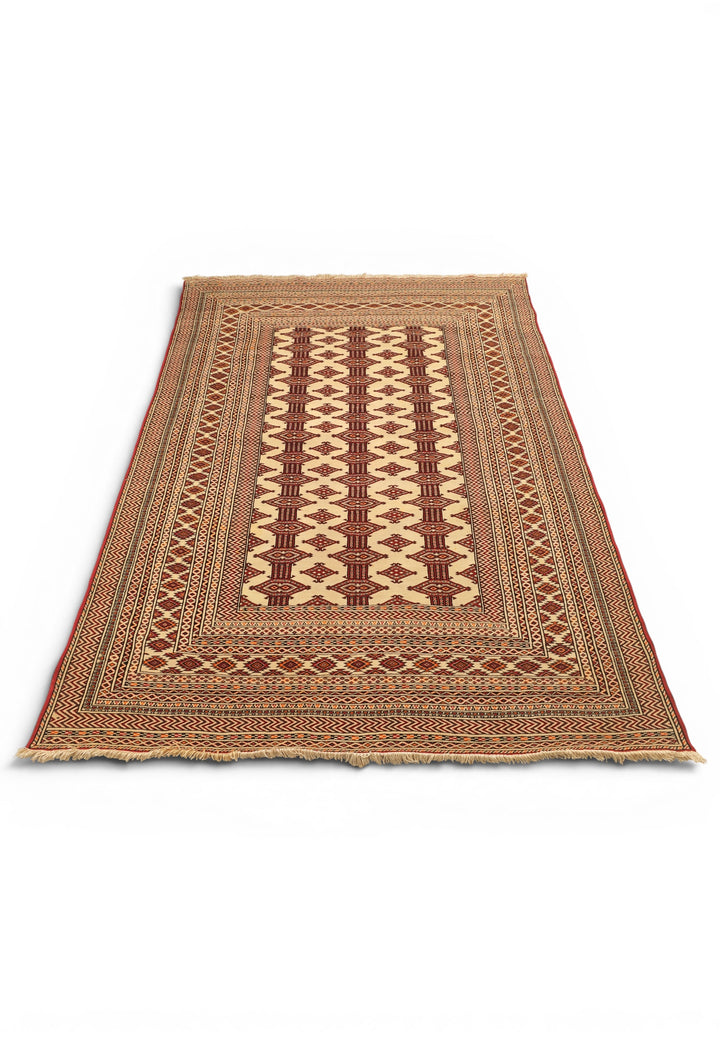 Ivory &amp; Red Turkmen Tribal Rug, Hand-Knotted Afghani Sherwan