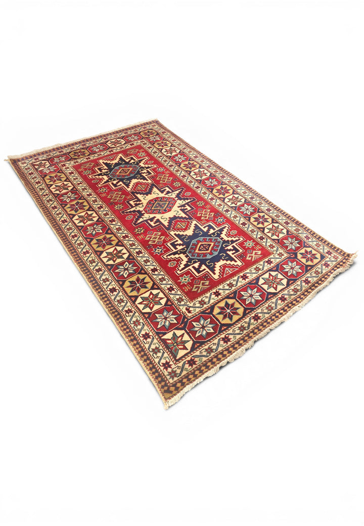 Red &amp; Ivory Kazak Star Rug, Hand-Knotted Afghani Sherwan