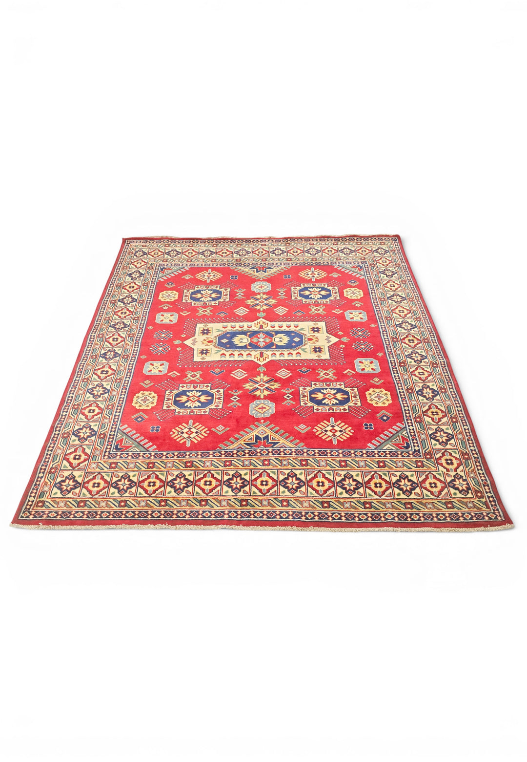 Red &amp; Ivory Kazak Medallion Rug, Hand-Knotted Afghani Sherwan