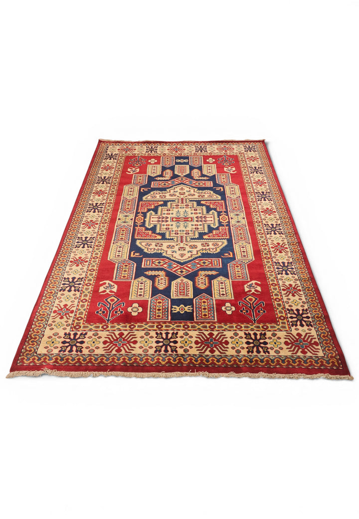 Red &amp; Navy Kazak Medallion Rug, Hand-Knotted Afghani Sherwan