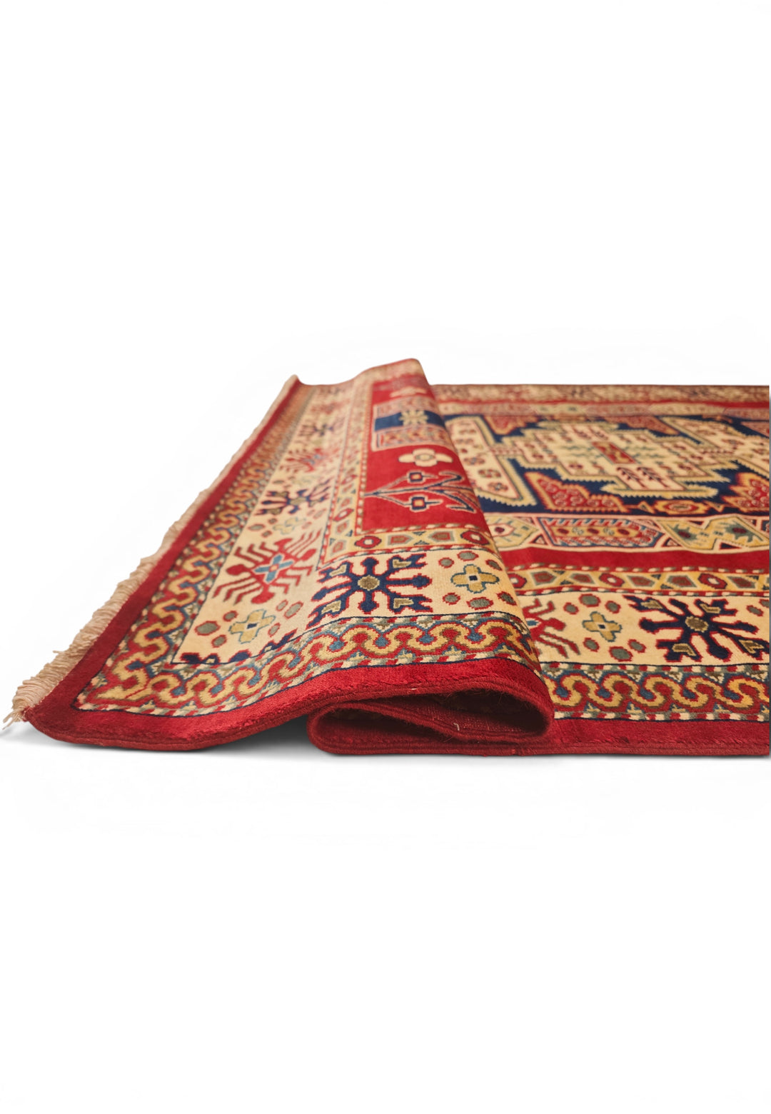 Red &amp; Navy Kazak Medallion Rug, Hand-Knotted Afghani Sherwan